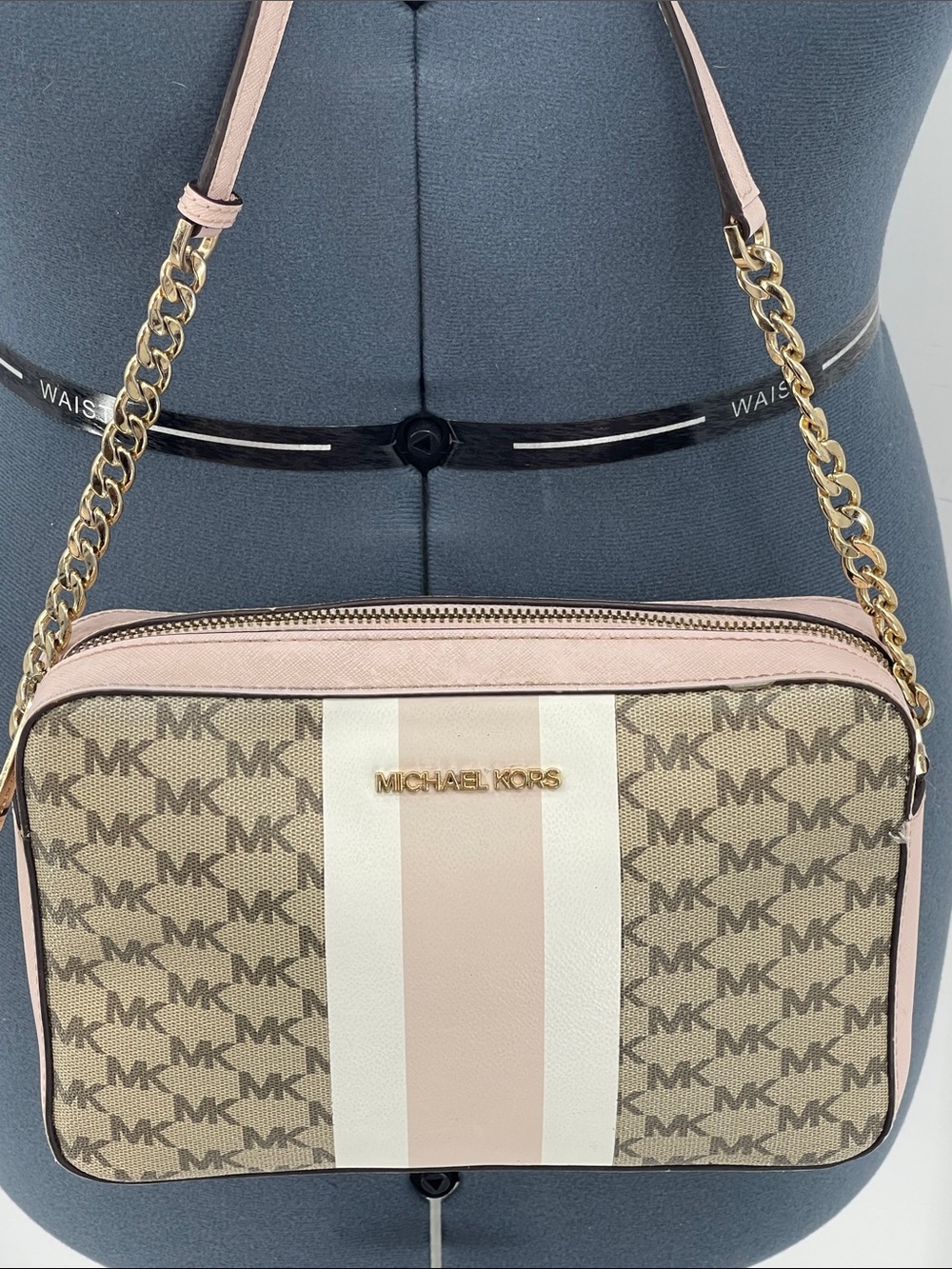 Michael Kors Beige and Pink Signature Stripe Crossbody Bag